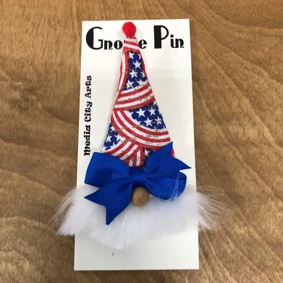 Stars & Stripes Gnome Pin Brooch Handmade Bow Gift Guide July 4th USA Americana - Picture 2 of 6